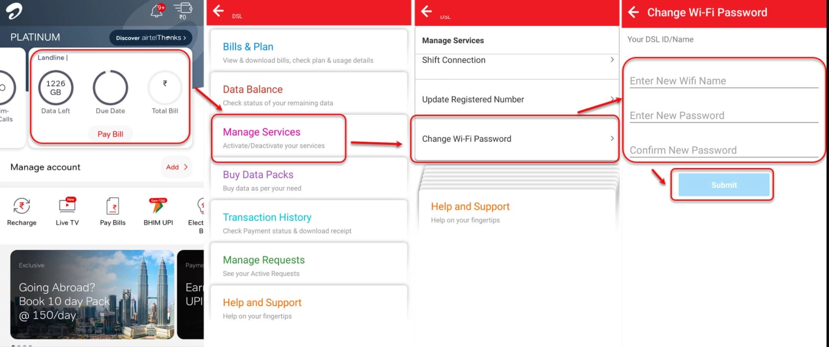 How to change Airtel WiFi password using the app?